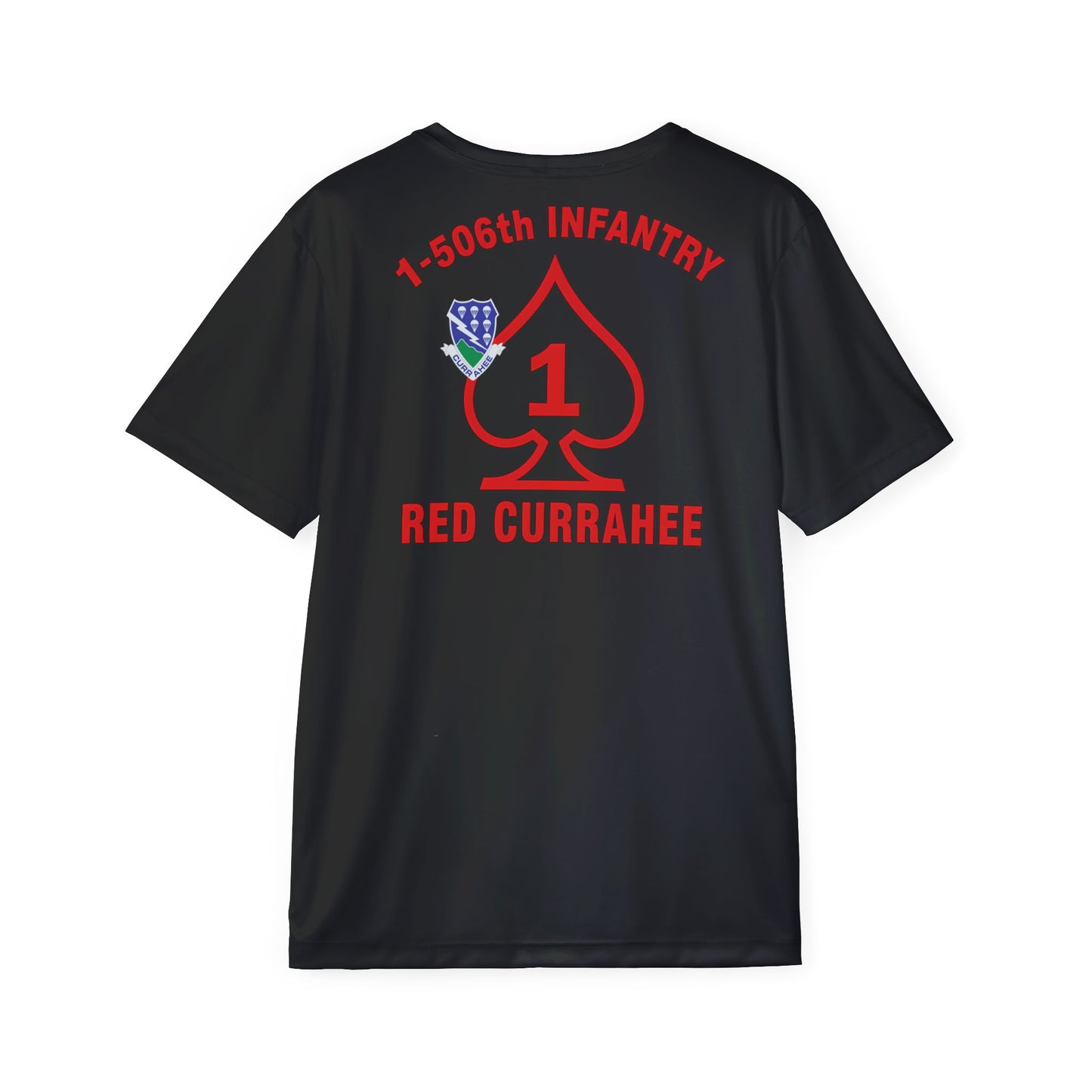 Black t-shirt with red and white text and graphics on the back
