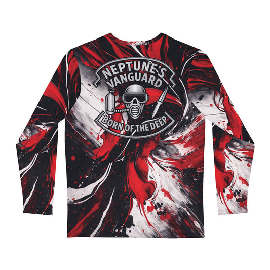 Long-sleeve shirt with red, black, and white design featuring a logo and text on a white background.