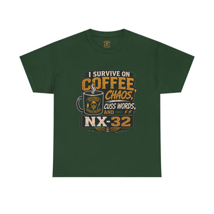 Funny Nitrox Diver T-Shirt | I Survive on Coffee, Chaos, Cuss Words & NX32
