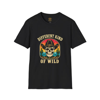 black t-shirt with a green and white graphic and text on a white background