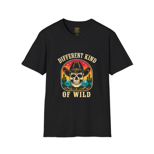 black t-shirt with a green and white graphic and text on a white background