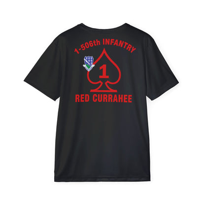 Black t-shirt with red and white text and graphics on the back