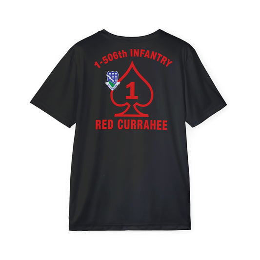 Black t-shirt with red and white text and graphics on the back