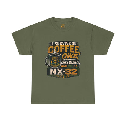 Funny Nitrox Diver T-Shirt | I Survive on Coffee, Chaos, Cuss Words & NX32