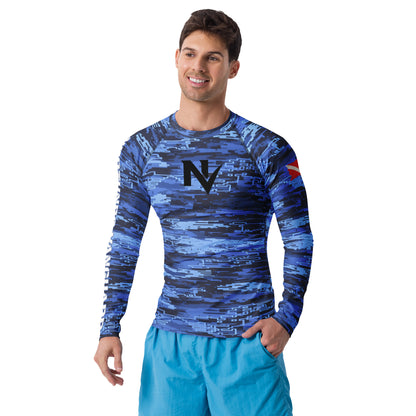 Man wearing a blue camouflage long-sleeve athletic shirt with a logo on a white background