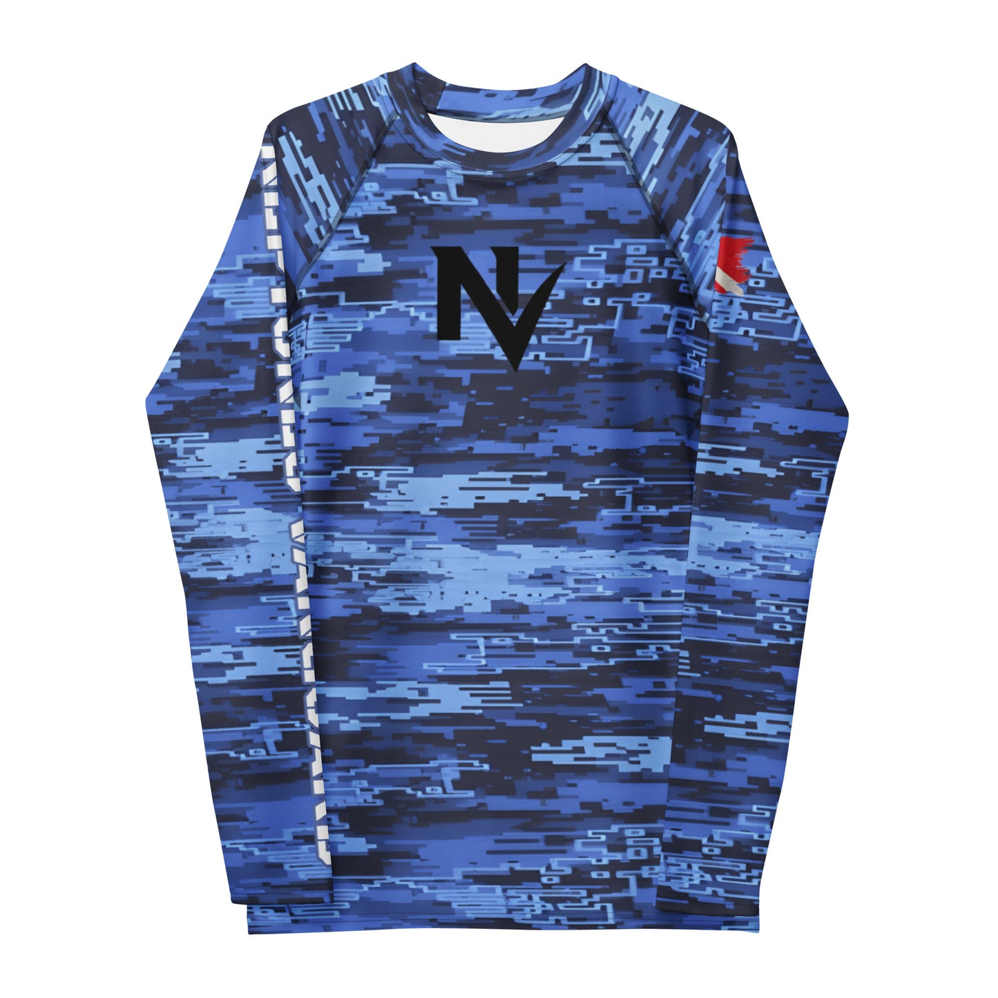 Blue camouflage long-sleeve shirt with a logo on a white background