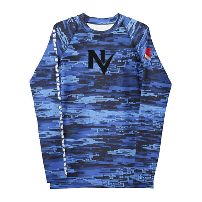 Blue camouflage long-sleeve shirt with a logo on a white background