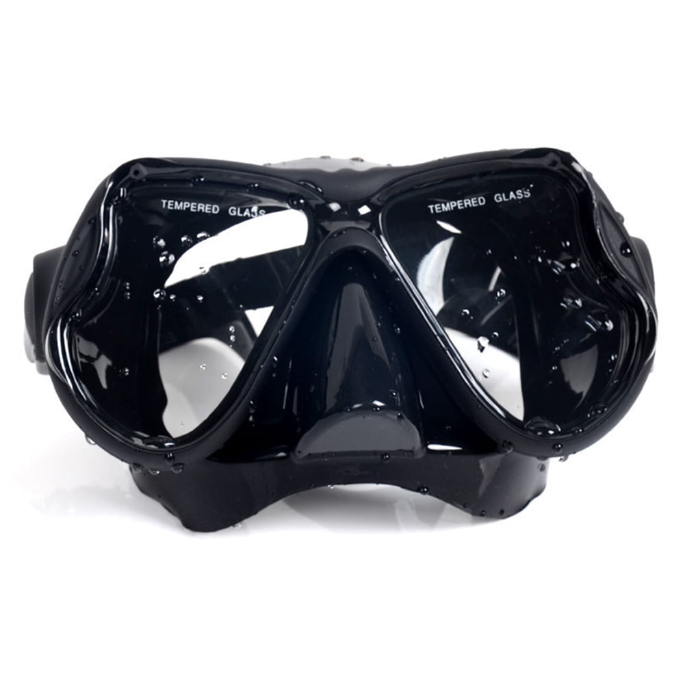 Black diving mask with tempered glass on a white background