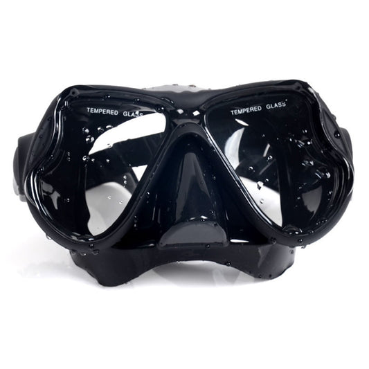 Black diving mask with tempered glass on a white background