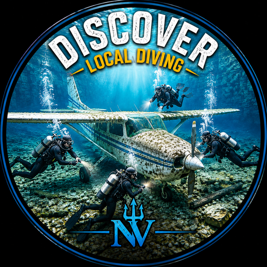 Circular underwater graphic with the words “DISCOVER LOCAL DIVING” above a small airplane on the ocean floor, surrounded by four divers in black gear. A blue “NV” logo appears at the bottom.