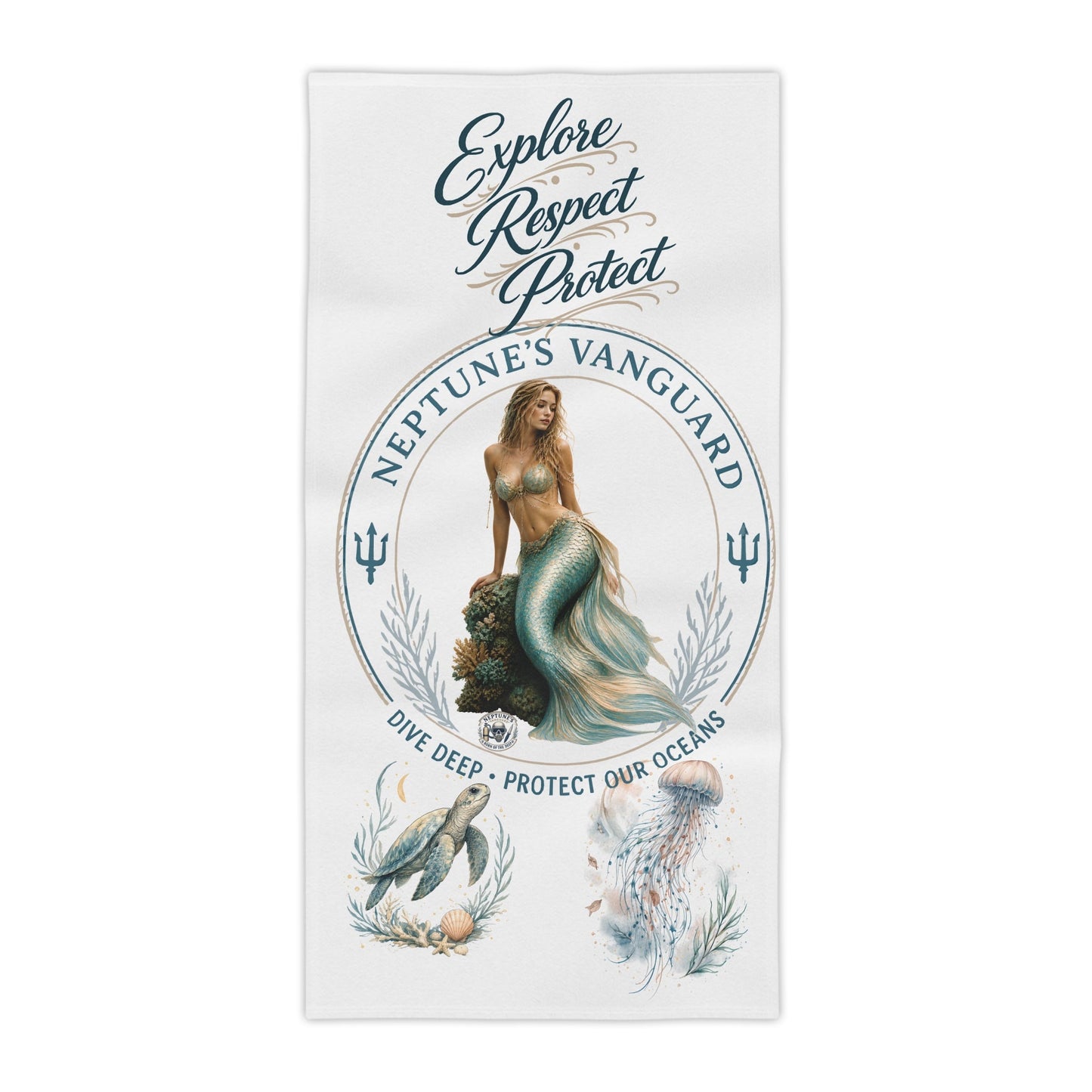 A rectangular white beach towel featuring a vintage-style illustration of a mermaid, the words 'NEPTUNES VANGUARD' in a circular emblem, and decorative nautical artwork on a white background.