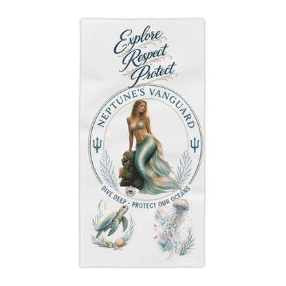 A rectangular white beach towel featuring a vintage-style illustration of a mermaid, the words 'NEPTUNES VANGUARD' in a circular emblem, and decorative nautical artwork on a white background.
