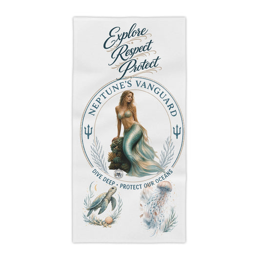 A rectangular white beach towel featuring a vintage-style illustration of a mermaid, the words 'NEPTUNES VANGUARD' in a circular emblem, and decorative nautical artwork on a white background.