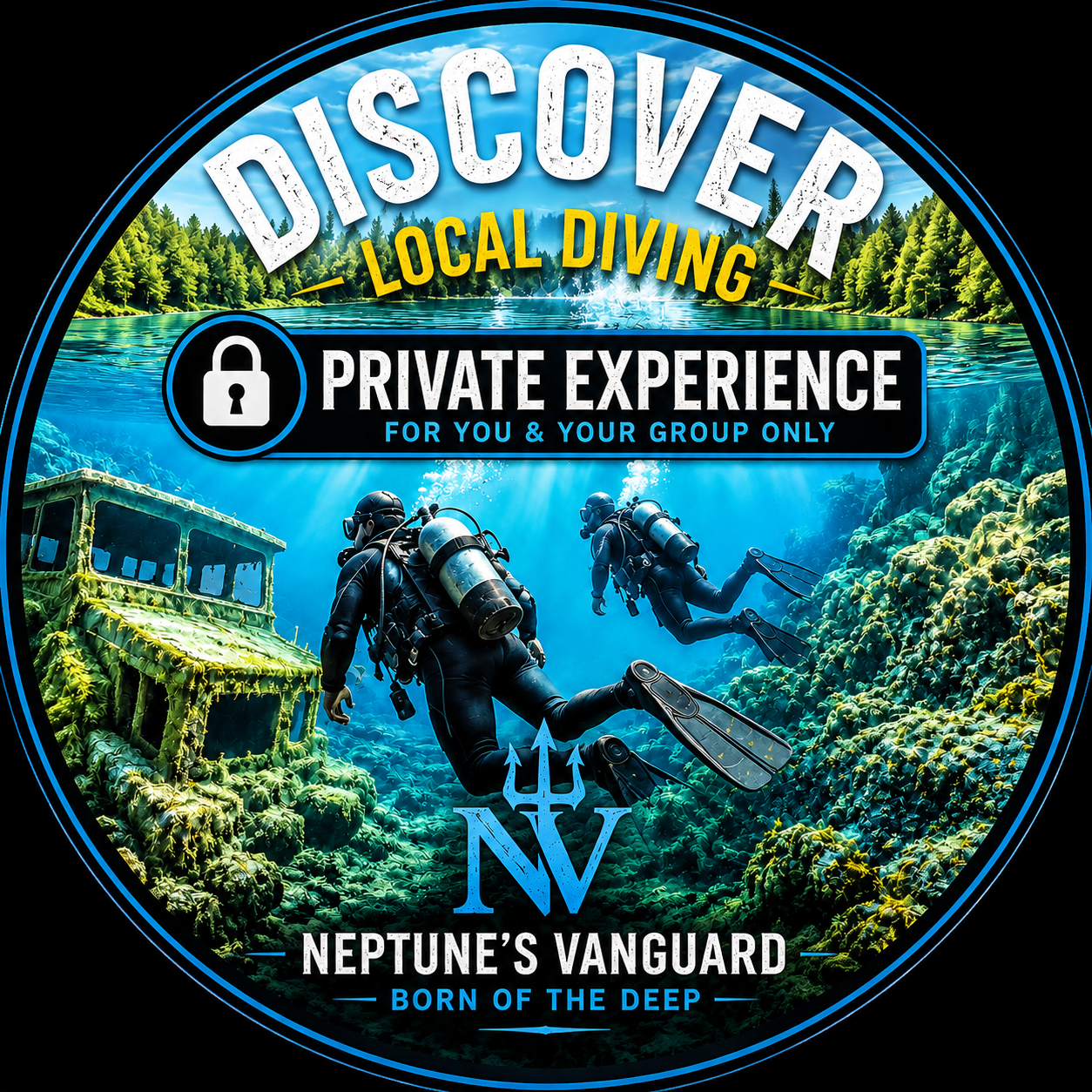 A circular promotional graphic for Neptune's Vanguard local diving, featuring two scuba divers underwater near a sunken vehicle on a blue ocean background. Large text reads 'DISCOVER LOCAL DIVING' and 'PRIVATE EXPERIENCE FOR YOU & YOUR GROUP ONLY,' with Neptune's Vanguard branding at the bottom.