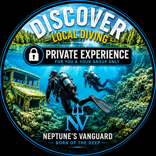 A circular promotional graphic for Neptune's Vanguard local diving, featuring two scuba divers underwater near a sunken vehicle on a blue ocean background. Large text reads 'DISCOVER LOCAL DIVING' and 'PRIVATE EXPERIENCE FOR YOU & YOUR GROUP ONLY,' with Neptune's Vanguard branding at the bottom.