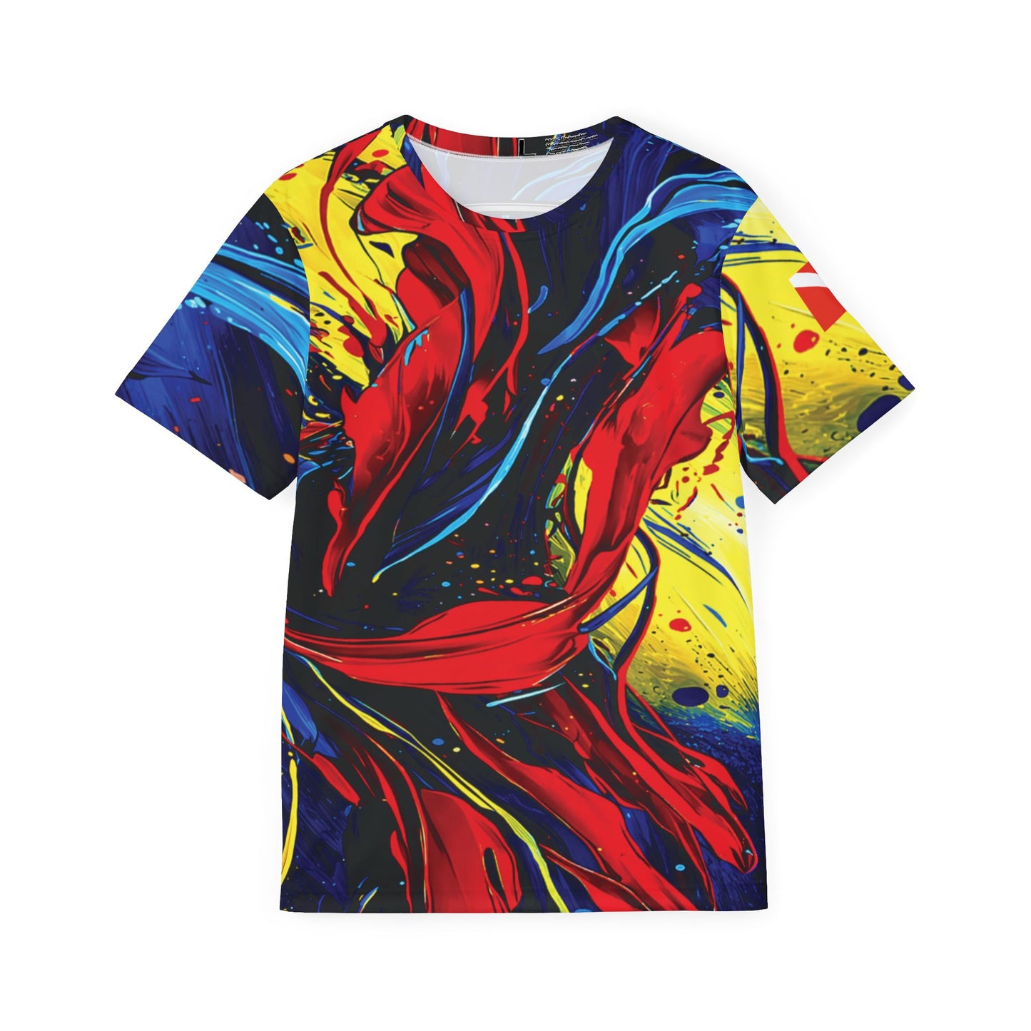 Colorful abstract t-shirt with red, blue, and yellow design on a white background