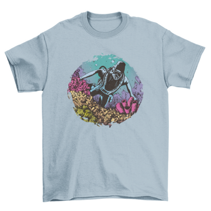 Diver underwater in coral reef t-shirt