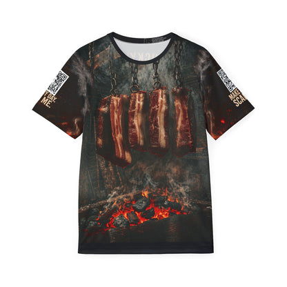 T-shirt with graphic design of hanging meat over a fire on a white background