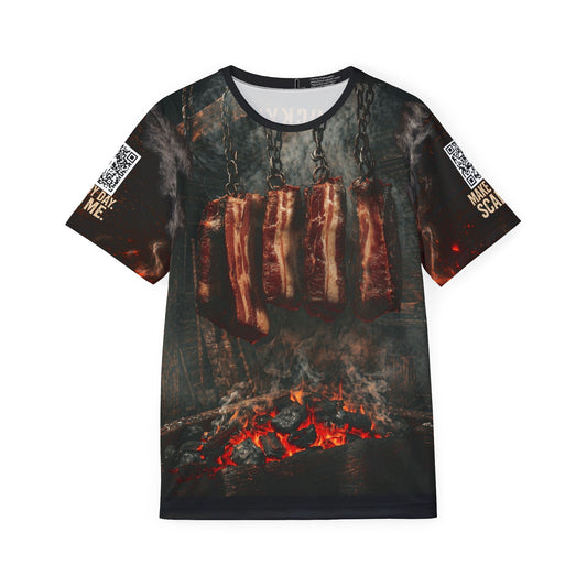 T-shirt with graphic design of hanging meat over a fire on a white background