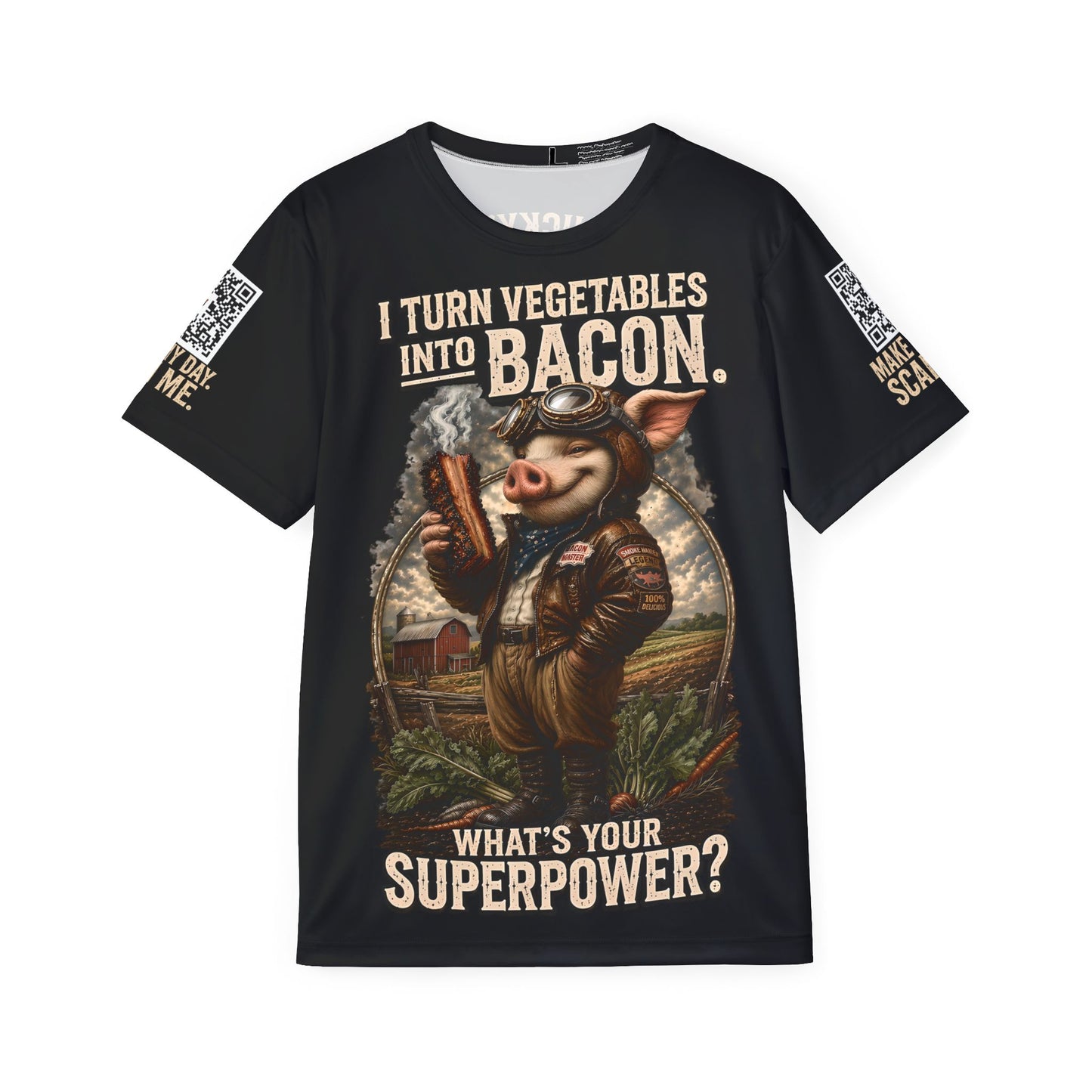 Black t-shirt with a pig graphic and text on a white background
