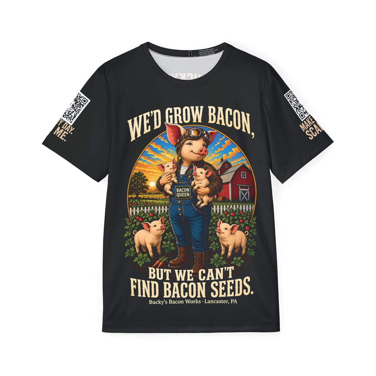 Black t-shirt with a graphic of a pig in overalls and text about bacon, on a white background.