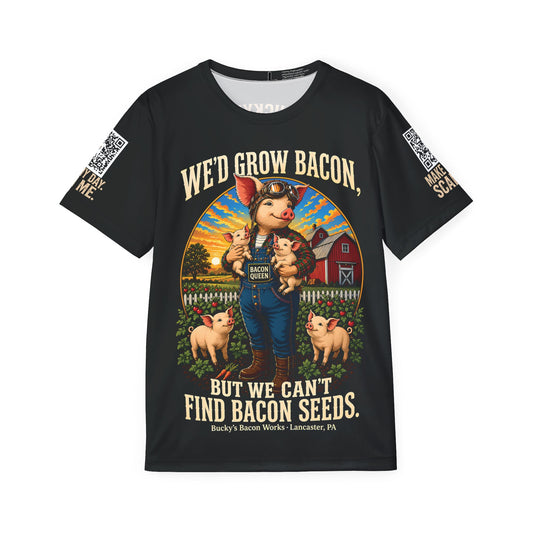 Black t-shirt with a graphic of a pig in overalls and text about bacon, on a white background.